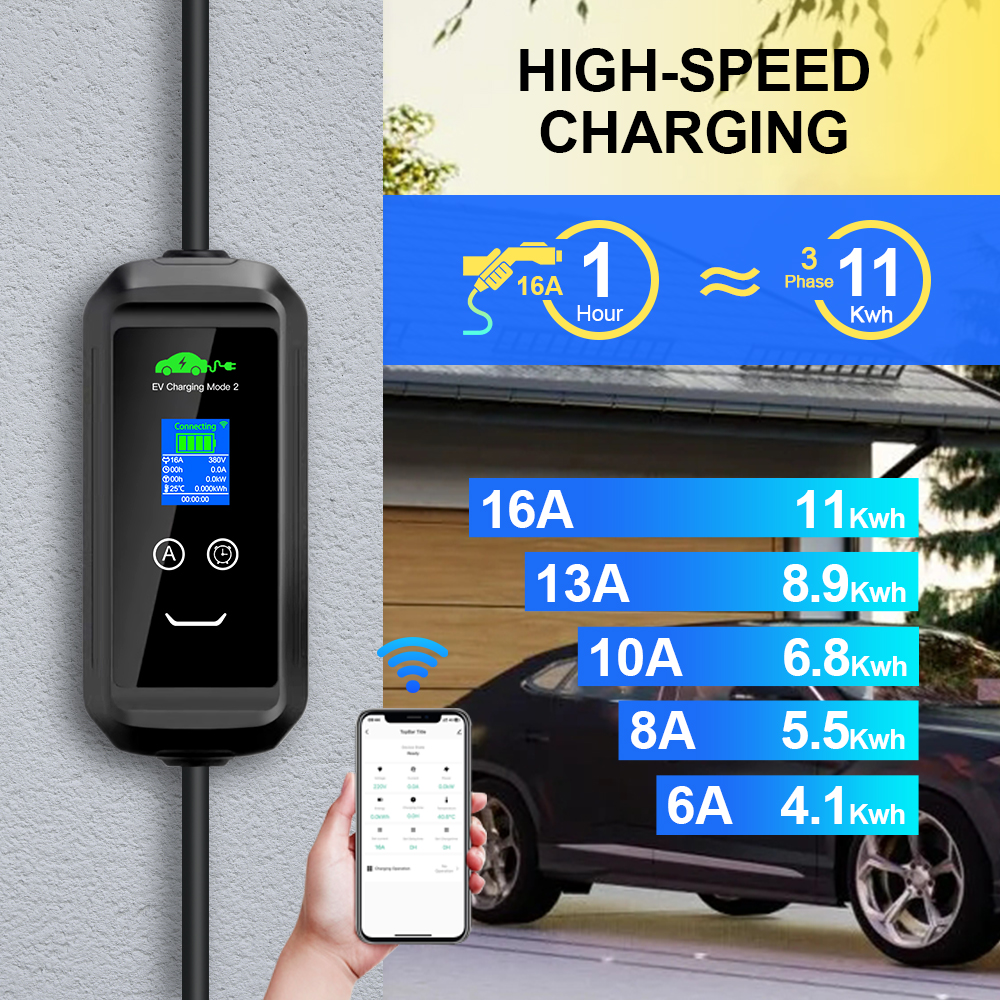 Portable11KW 16A 3P EV cargador Wallbox montaje en pared IEC 62196 tipo 2 enchufe Tuya APP/Cable de carga WIFI Normal para vehículo eléctrico 5M