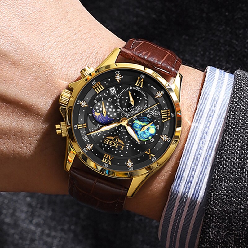 Lige 2024 top luxus marke männer echt leder sport uhren herren armee militär uhr männlich datr quarzuhr relogio mascumino