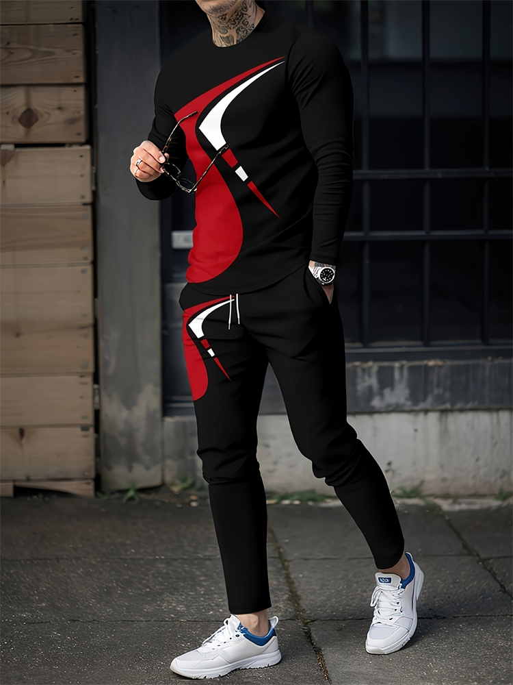 Conjunto de Jersey de manga larga para hombre, camiseta y pantalones de cuello redondo de primavera y otoño con bloqueo de Color 3D de impresión Casual a la moda