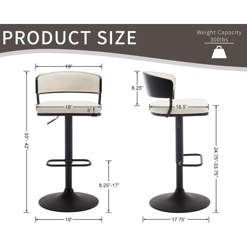 Adjustable Modern Bar Stools Set of 2 Faux Leather Barstools Swivel Counter Height Bar stools with Curved Back/Black Metal Base