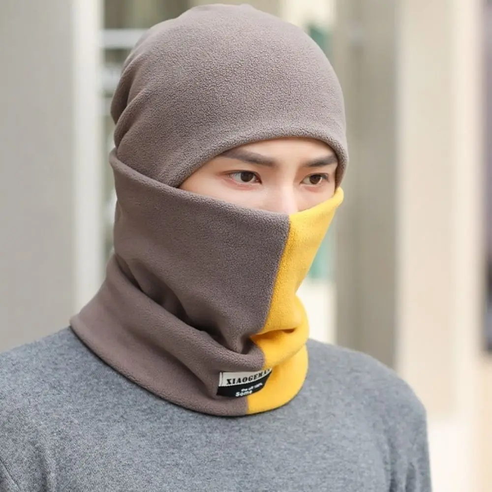 Fashion Thicken Men's Neck Warmer Hat Snood Velvet Scarf Cap Set Color Blocking Soft Pullover Cap Men Winter