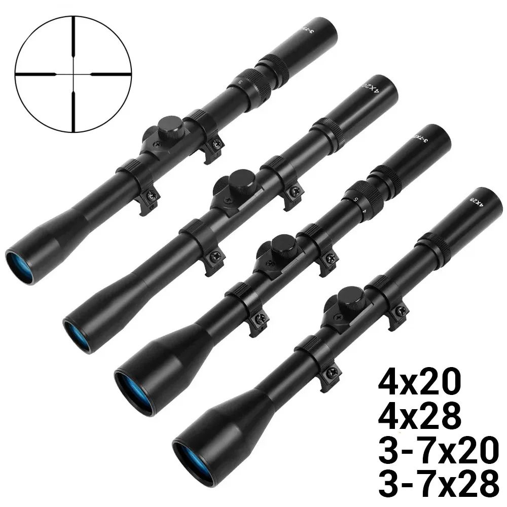 Mira telescópica de caza 4x 20/4x 2/3-7x20/3-7x28, óptica de mira cruzada, mira para pistola, mira para Rifle de caza Airsoft para riel de cola de milano de 11mm