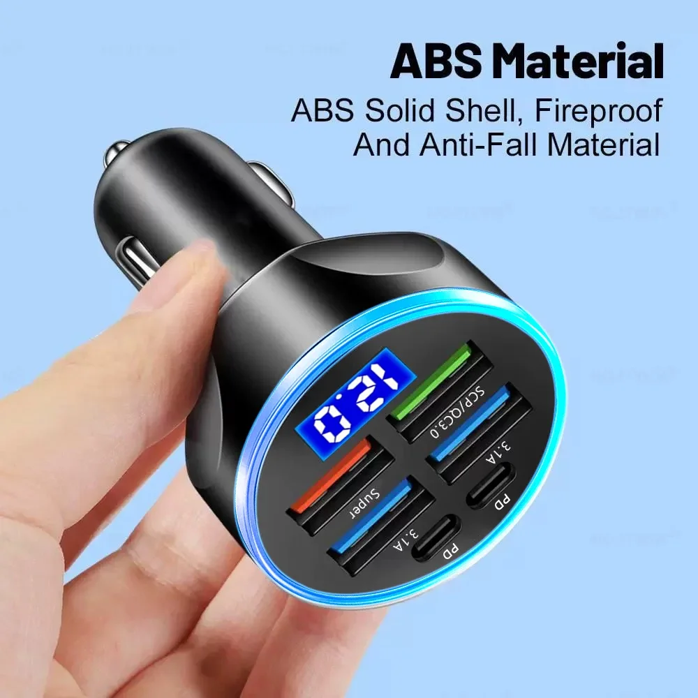 66-250W PD 6in1 Car Charger QC3.0 Fast Charge with Digital Display Universal Cigarette Lighter Adapter for iPhone Samsung Xiaomi