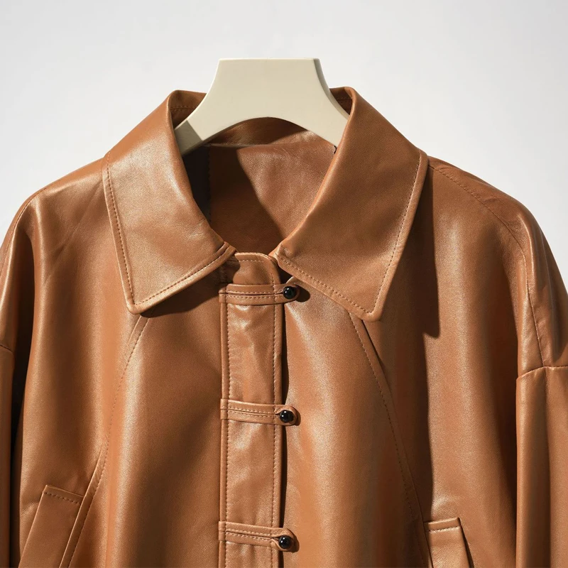 Damen Echt lederjacke neue Mode Knopf lose Langarm weibliche elastische Taille lässig Schaffell Jacke Mäntel Tops