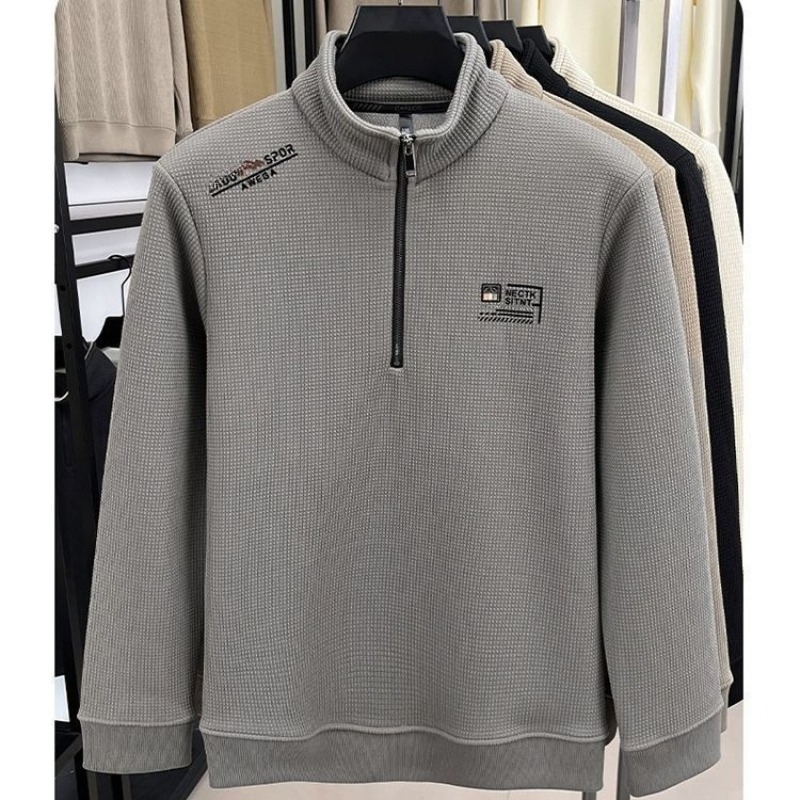 Men's Fleece Liner Sweatshirts Vintage Half Zipper Print Plaid Texture Thick Wool Warm Pullover Luxury Turtleneck Sweatshirts