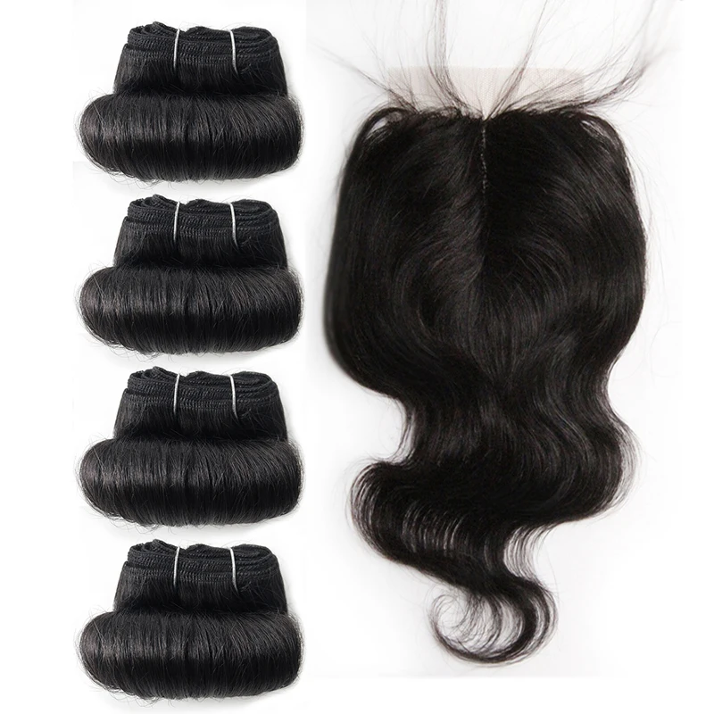 Onda do corpo brasileiro pacotes com fechamento t parte fechamento do cabelo humano com pacotes de cabelo curto onda do corpo 4 pacotes com fecho