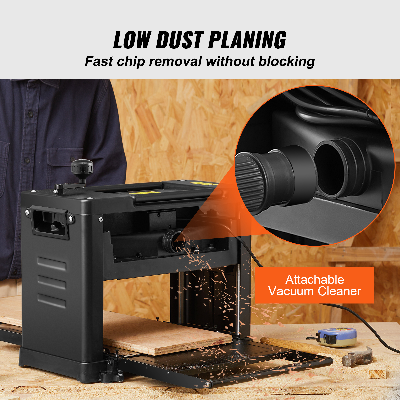 VEVOR Pialla a Spessore 1800W per Legno Altezza Regolabile Lama in Acciaio al Carbonio, Pialla Filo Spessore 15 Amp 1800 W 23500 giri/min, Pialla a Spessore per Lavorazione di Legno Larghezza 33 cm