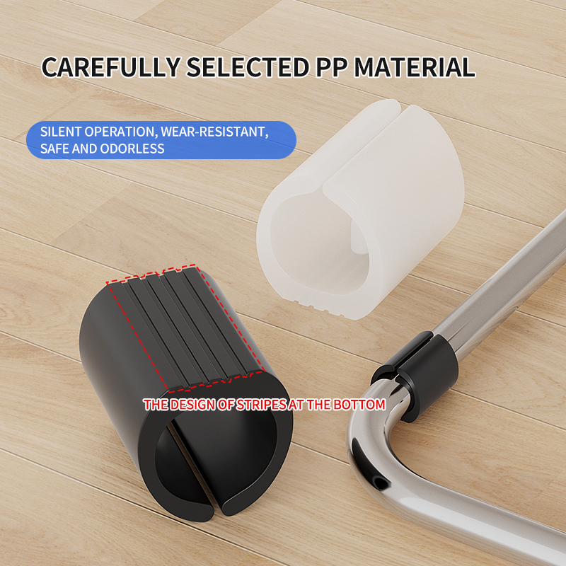 Plastic snap-on U-shaped foot pads for office arcuate chairs. Silent, wear-resistant, anti-scratch and anti-slip.