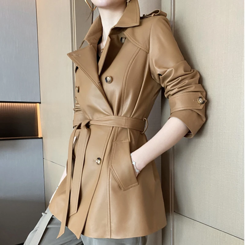 Casaco de pele de carneiro feminino inverno nova moda lapela duplo breasted cinto cintura fechamento médio a longo jaqueta de couro genuíno trench