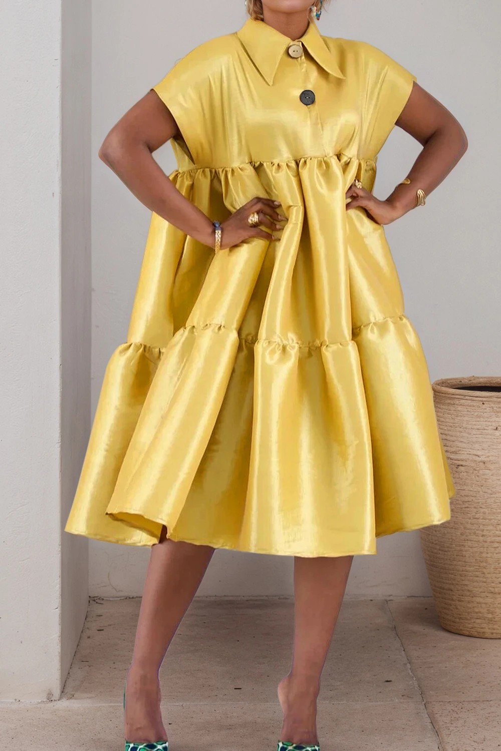 Plus Size Kleid für Damen, Satin, Umlegekragen, lässig, elegant, Streetwear, A-Linie, Sommer, kurzärmelig, Midi-Kleider 2025,