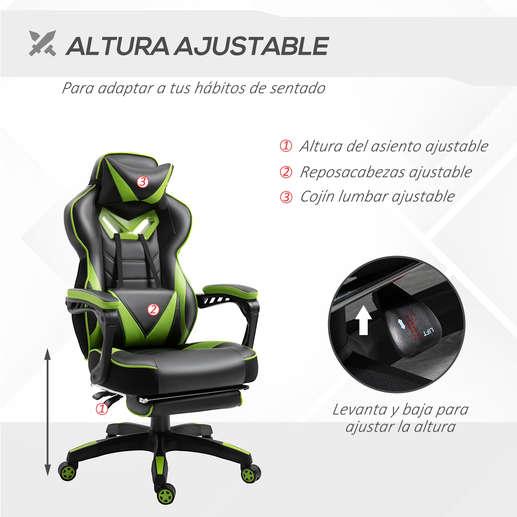 Vinsetto Racing Stuhl ergonomische Liegerückenlehne 65x70x118,5-126,5cm Grün