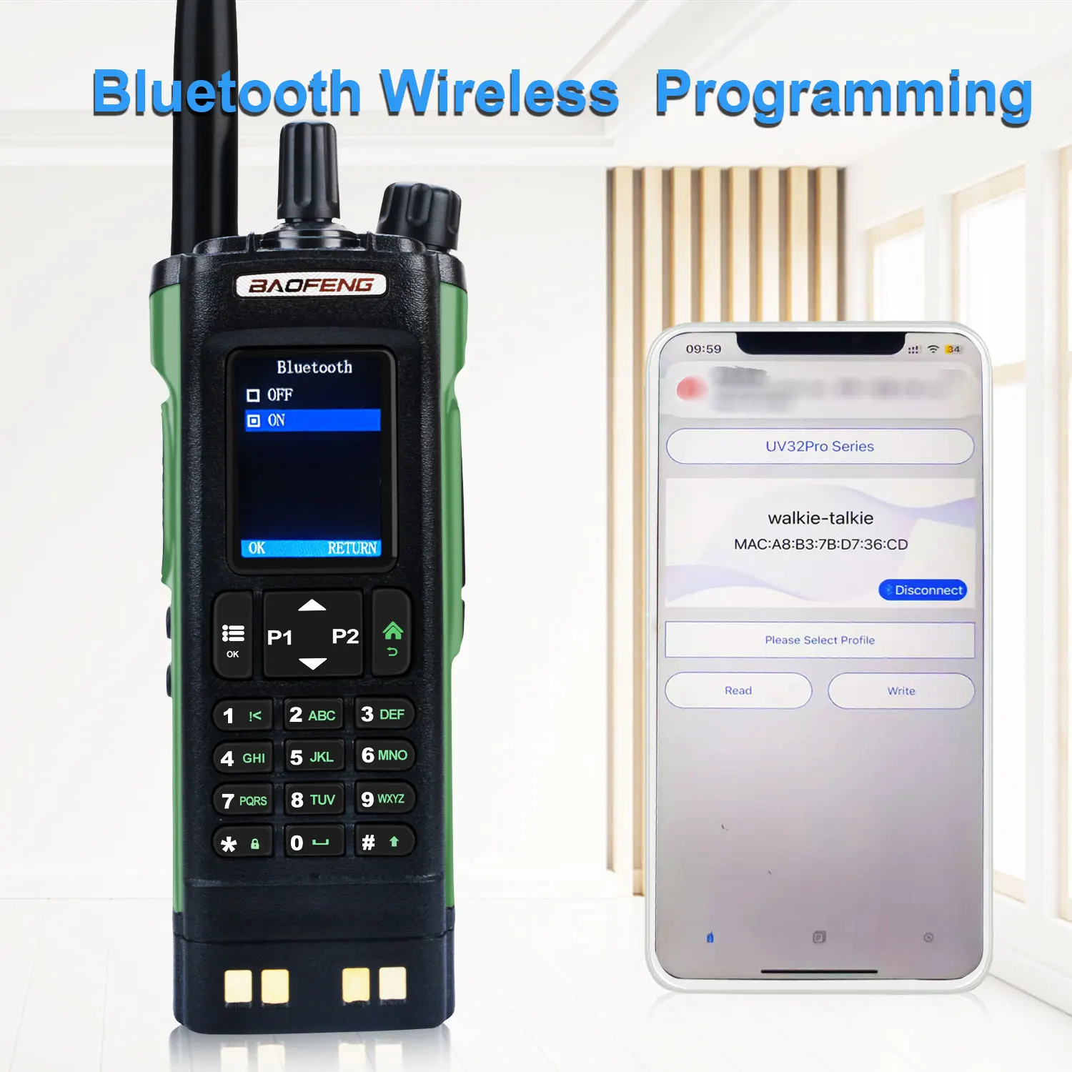 Baofeng UV-32 Multi-band 10W GPS Bluetooth Program Air Band FM Walkie Talkie 2.0” HD Display 2200mAh USB-C Charging Battery