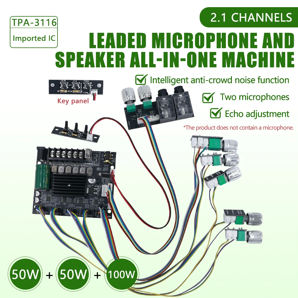 ZK-MT21S 2.1-Kanal-Bluetooth-Verstärkerplatine 50 W + 50 W + 100 W TPA3116D2 mit Dual-Mikrofon-Echo-/Subwoofer-Ausgang