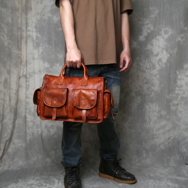 Valigetta in pelle di vacchetta con strato superiore Borsa a tracolla singola da uomo con tracolla Design orizzontale Borsa per computer conciata al vegetale a mano retrò