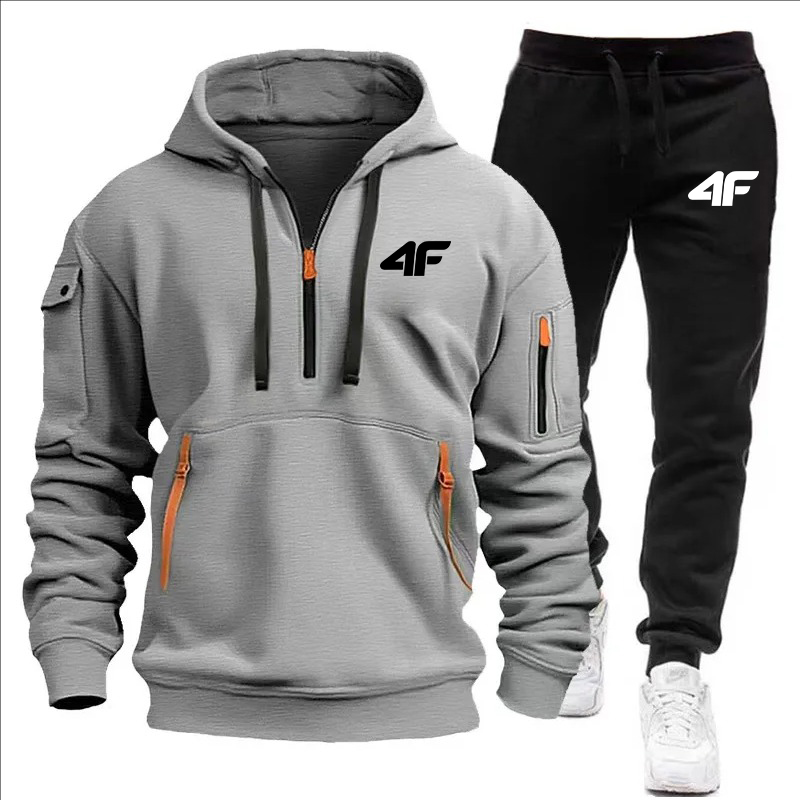Chándal para hombre con capucha y cremallera, pantalones de protección y múltiples bolsillos, chándal informal para correr, conjunto de 2 piezas para otoño/invierno, talla grande S-3XL