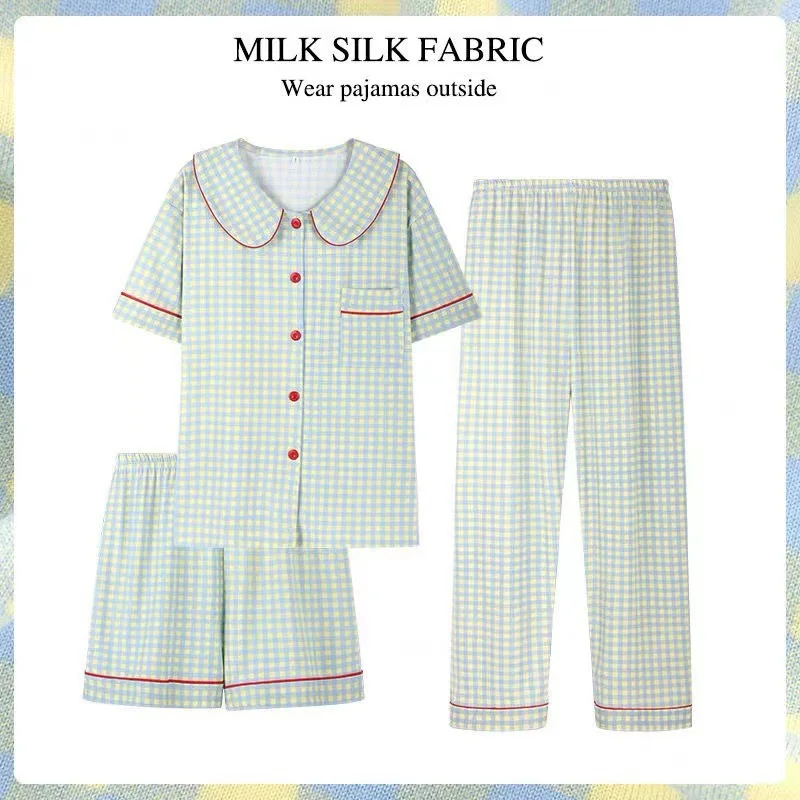 Conjunto de três peças senhoras pijamas conjunto de manga curta xadrez sentido sênior cardigan casa wear simples natal menina pijamas inverno