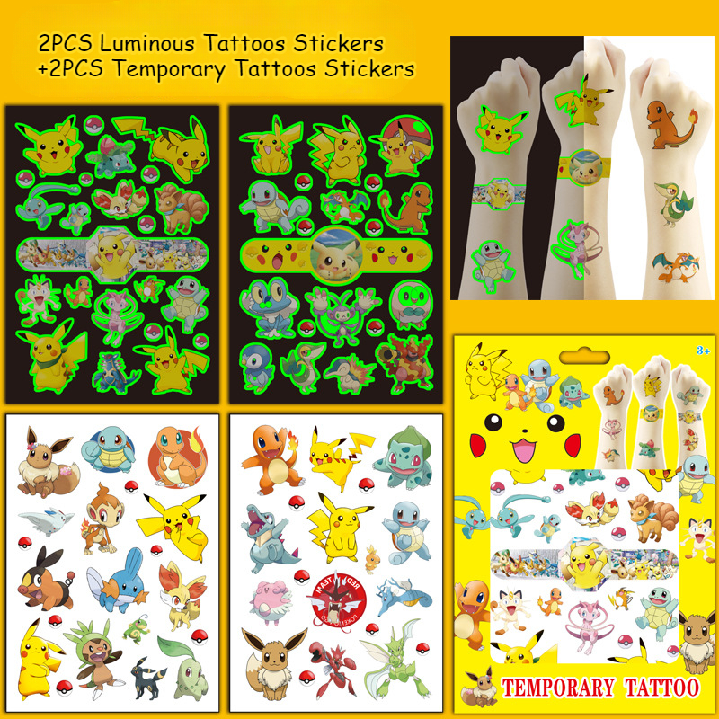 4 folhas pokemon tatuagens luminosas para crianças pikachu tatuagens temporárias adesivos meninos meninas brilho fontes de festa presentes para crianças