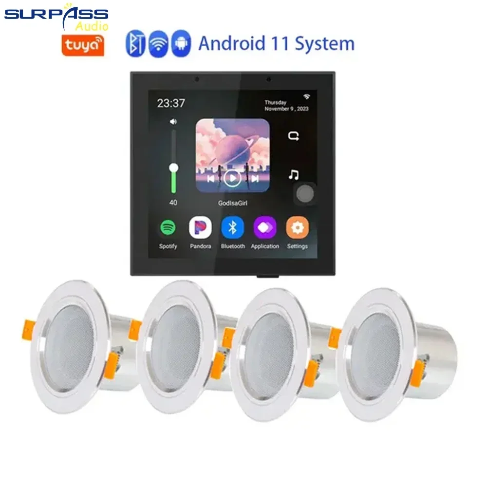 Smart Home Wall Amplifier Android 11 System 8ohm 4 Inch Tuya WiFi Amplificador Alexa Remote Control with Full Range Speakers Set