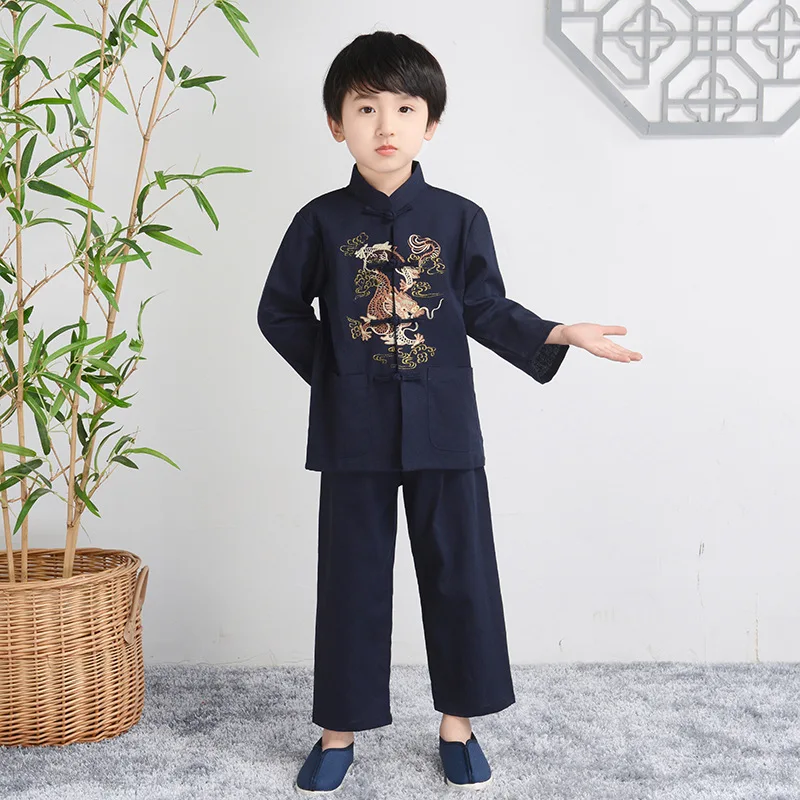 소년 코튼 라인 당나라 옷 긴 소매 Hanfu 세트 어린이 중국 스타일 셔츠 & 바지 2Pcs 복장 자수 드래곤 Kongfu 의상