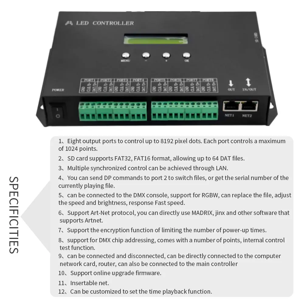 H807SA H807SBWifi 8/4 Ports DMX/Artnet to SPI LED Pixel Controller With SD Card For WS2811 WS2812 WS2812b WS2815 Led Strip Light