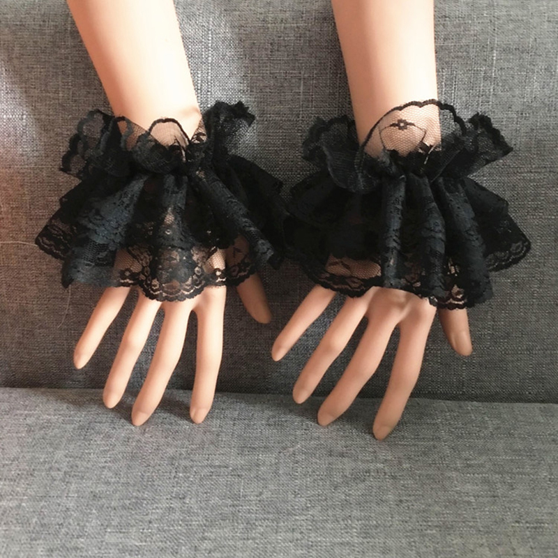 Lolita สั้นถุงมือ Steampunk Lolita มือข้อมือแขนข้อมือ Cuffs Ruffled ลูกไม้ลายดอกสร้อยข้อมือเครื่องประดับผ้า