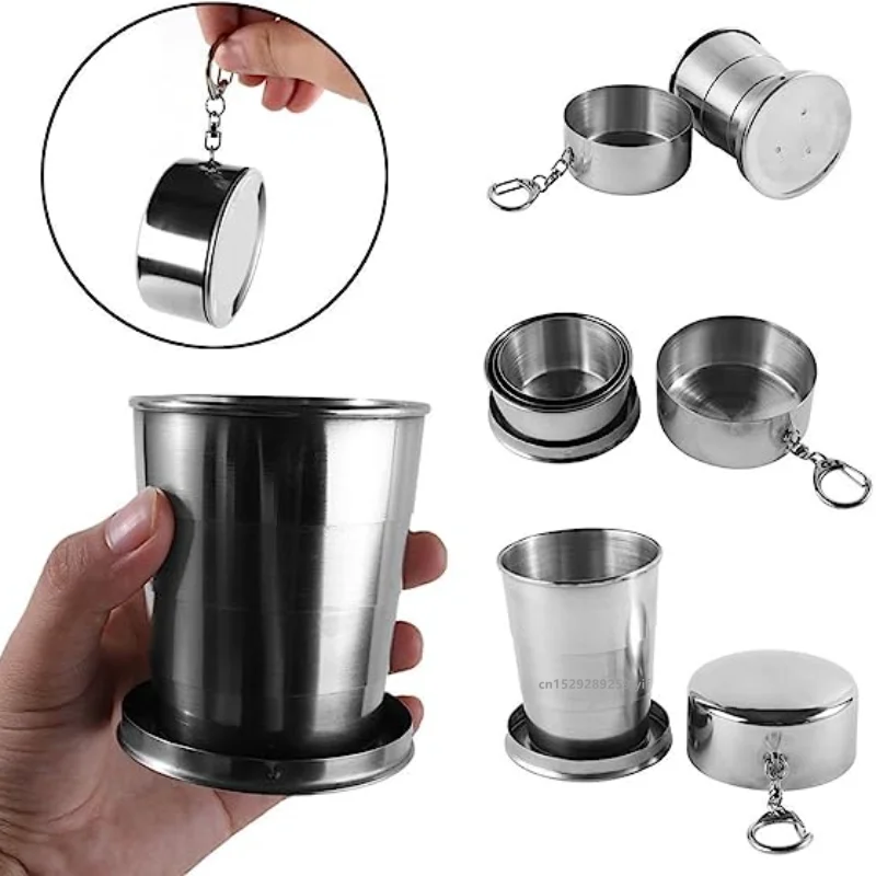 Tazza telescopica pieghevole in acciaio inossidabile da 75 ml/150 ml/250 ml per tè con tazza portachiavi portatile da viaggio all'aperto da campeggio