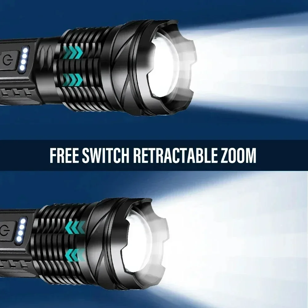 Leistungsstarke XHP50 LED-Taschenlampe, wasserdichte Taschenlampe mit Seitenlicht, 7 Modi, Camping, Angeln, Laterne, Typ C, wiederaufladbare Zoomlampe