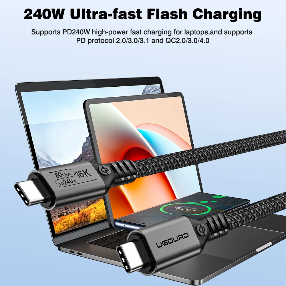 UGOURD 80Gbps Thunderbolt 5 Cable Certificado Chip USB-C Thunderbolt5 2m 0,3m 120Gbps 240W 16K para MacBook M.2 Disco Duro USB4-V2