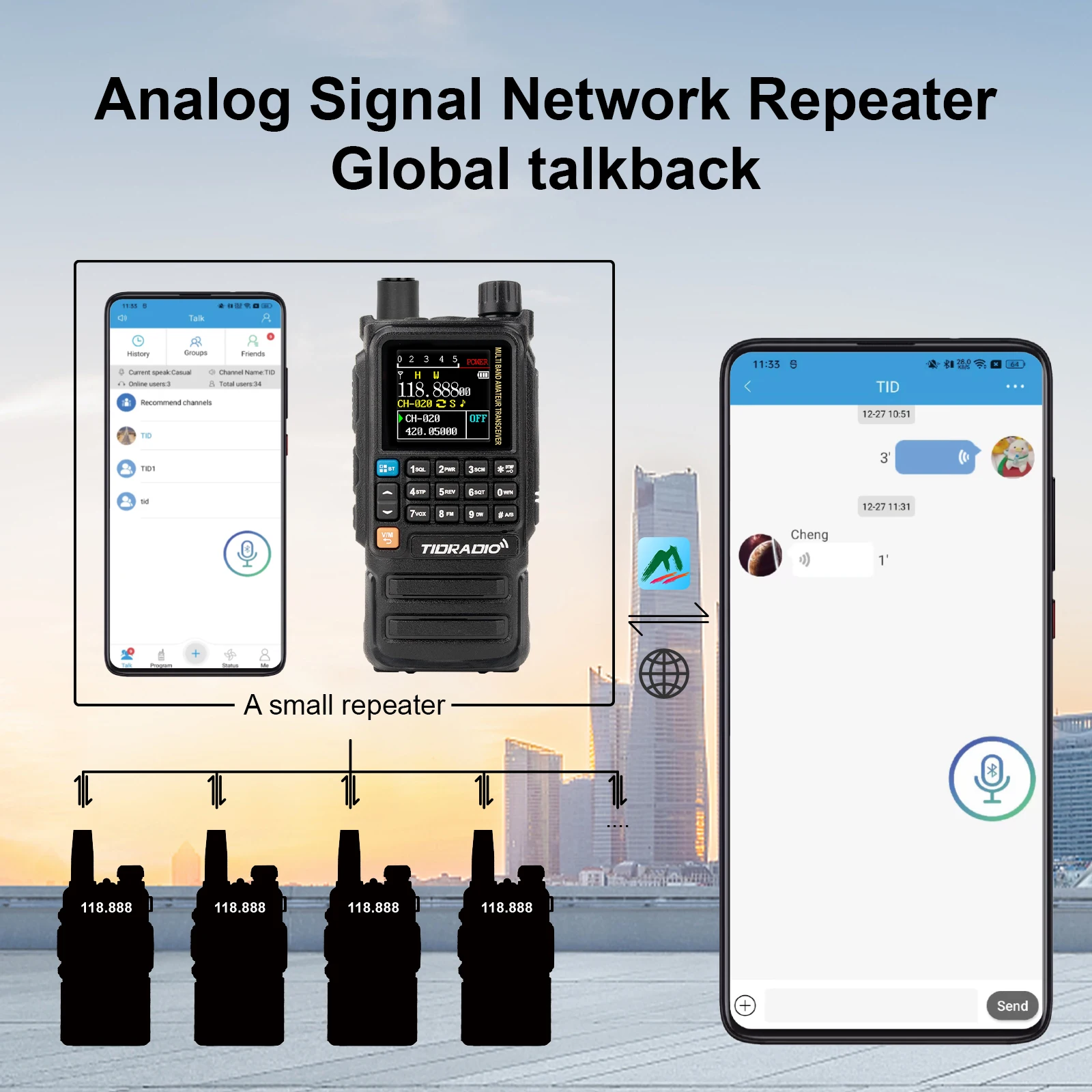Repetidor Walkie Talkie Global TIDRADIO H3 Plus, funciones Bluetooth mejoradas, banda aérea, Radio de largo alcance, programación inalámbrica