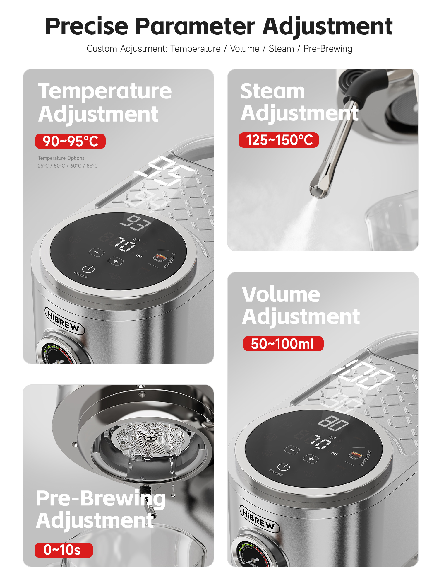 Máquina de café expreso semiautomática HiBREW, 3 niveles de temperatura ajustable, cafetera fría/caliente de 20bar, capuchino H13