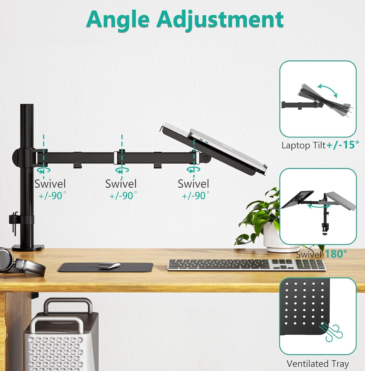 Laptop stand with heat sink can be raised and lowered. Single head laptop stand can rotate 360 ° Black