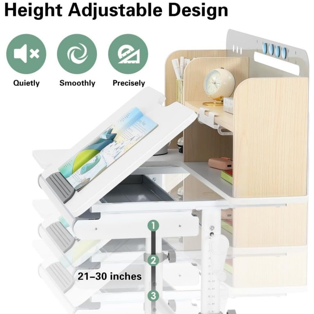 School Desks.39in Wide Adjustable Height Kids Desk with Tilting DesktopSteel Frame, Drawer,and Bookshelf Hutch,Study Child Table