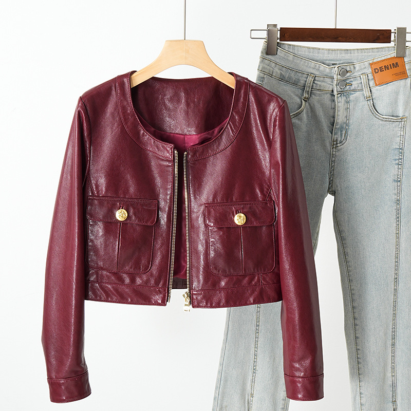 Veste en cuir véritable en peau de mouton première couche pour femme, col rond, fermeture éclair, veste de moto courte, femme, haute qualité, automne, nouveau, 2024