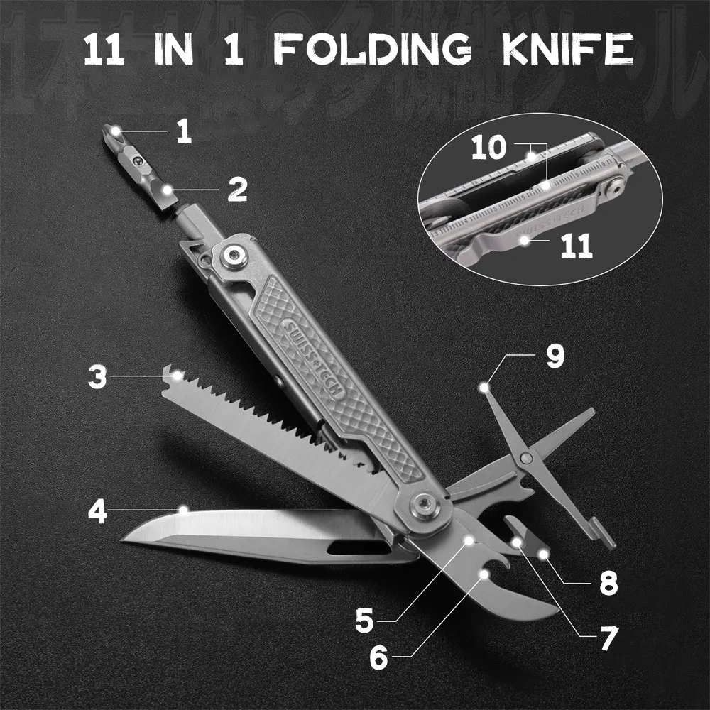 SWISS TECH 11 en 1 Mini cuchillo plegable multiherramienta EDC herramientas tácticas de supervivencia para acampar cuchillo de bolsillo al aire libre tijeras destornillador