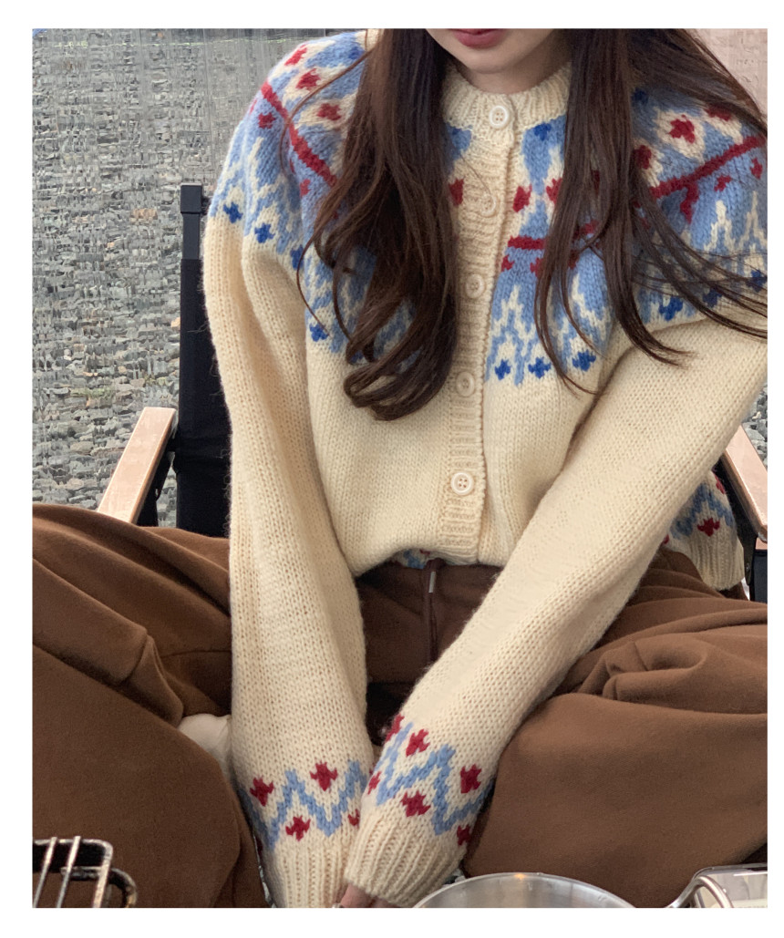 Retro Autumn Winter Floral Knit Long Sleeve round Neck Loose Women's Sweater Coat Comfortable Breathable Warm Polyester Fiber