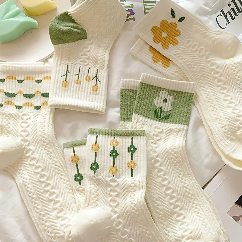 5 paia di calzini floreali retrò, calzini solidi con texture, calzini e calzetteria da donna, calzini a metà polpaccio, calzini casual retrò rustici
