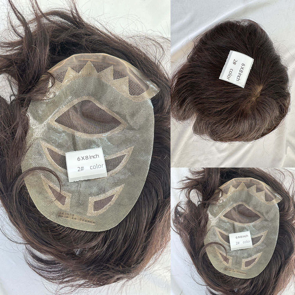 ผมมนุษย์ผู้ชาย Toupee ลูกไม้ฝรั่งเศสชายผมเปลี่ยนระบบวิกผม MONO Lace Hairpiece PU สีดําธรรมชาติ