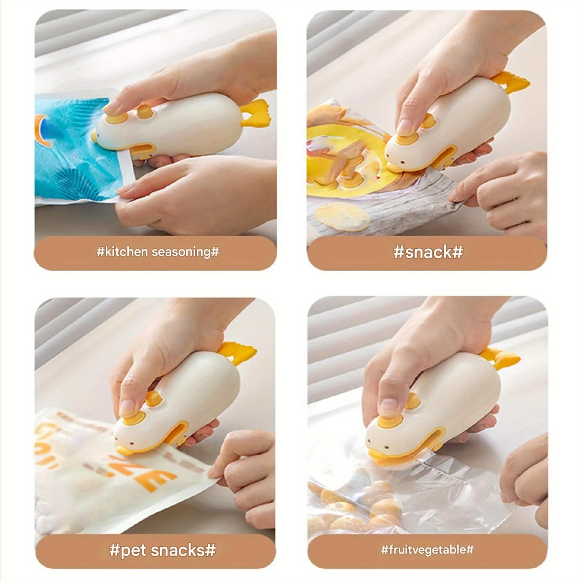 Sellador de bolsas recargable al vacío de pato lindo para frescura, utensilio de cocina portátil de fácil uso, Mini 2 en 1