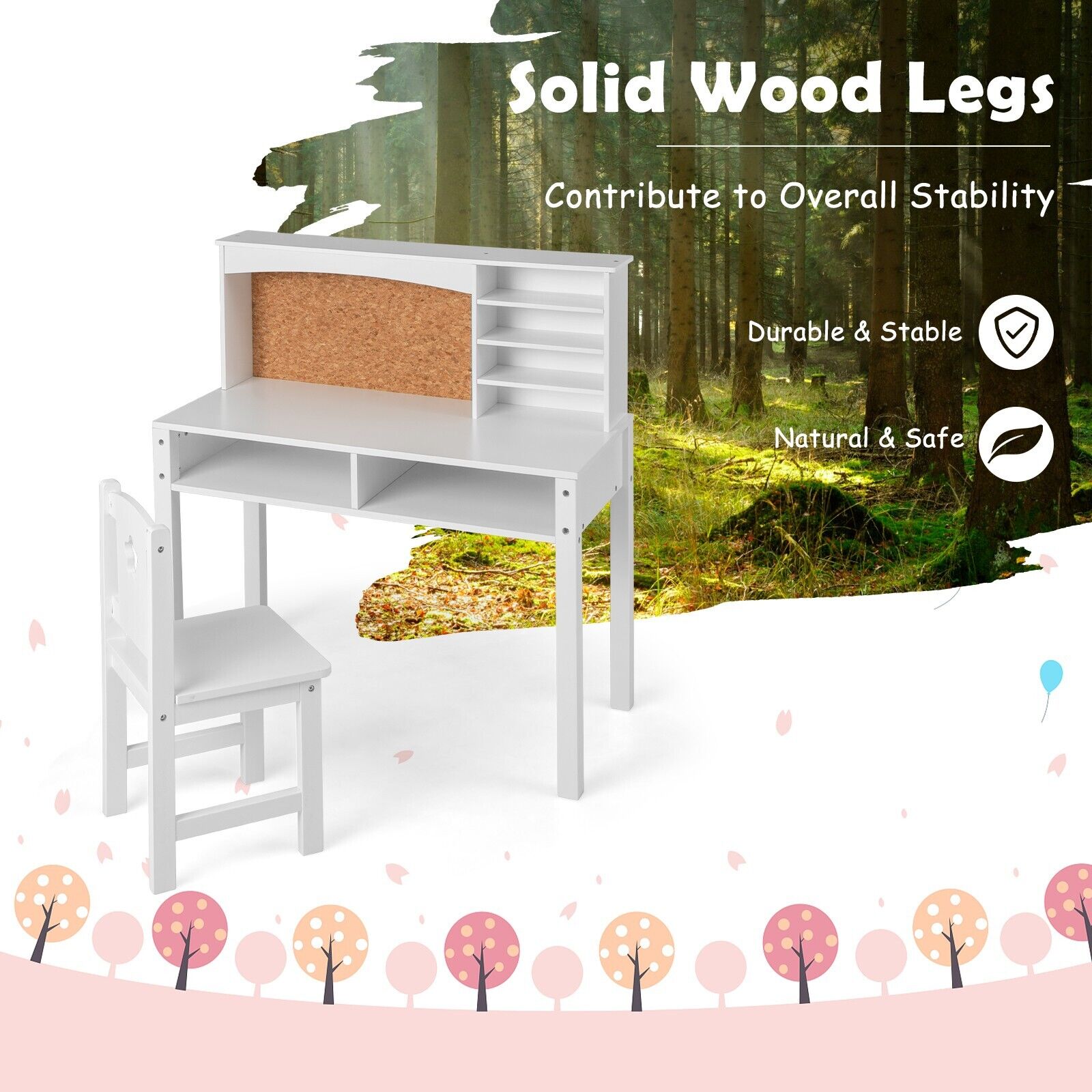 GOFLAME Kids Desk and Chair Set, Student's Study Table with Chair, Hutch, Cork Bulletin Board, Bookshelf & Drawers