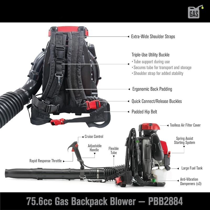 PBB2884 Gas Backpack Leaf Blower – 75.6cc, 4.2 HP, 1020 CFM, 240 MPH, High-Powered 2-Cycle Engine for Lawn and Yard Cleanup