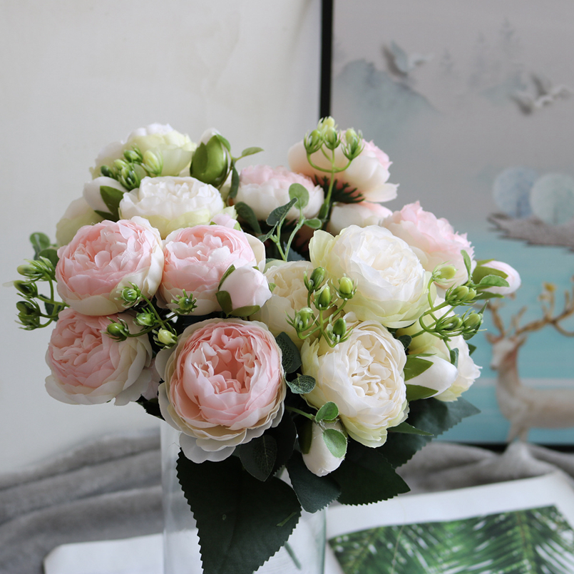 1 paquete de rosas artificiales, flores, ramo de peonías de seda, accesorios de decoración del hogar, álbum de recortes para fiesta de boda, plantas falsas, pompones Diy