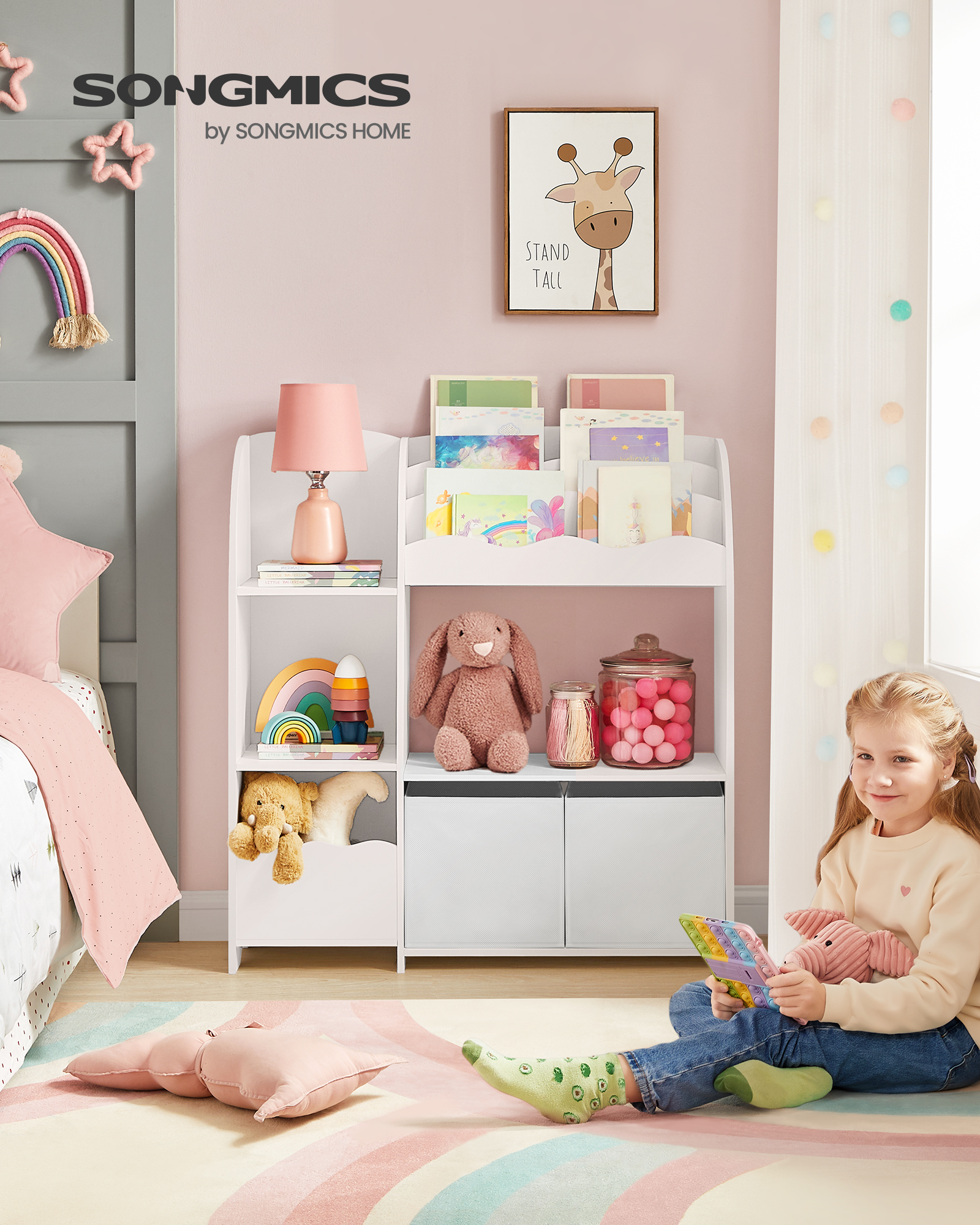 SONGMICS Bücherregal Kinder, Kinderregal, Spielzeugregal mit 2 Aufbewahrungsboxen, für Bücher, Kinderzimmer, Spielzimmer