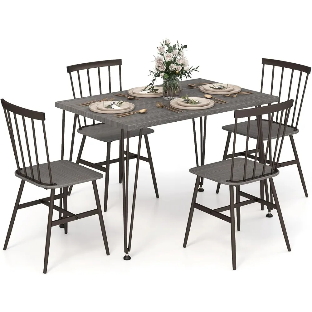 Dining Table Set for 4, Kitchen Table and Chairs Set of 4 w/Metal Frame, 360° Swivel Feet, Space-Saving Dinette Table