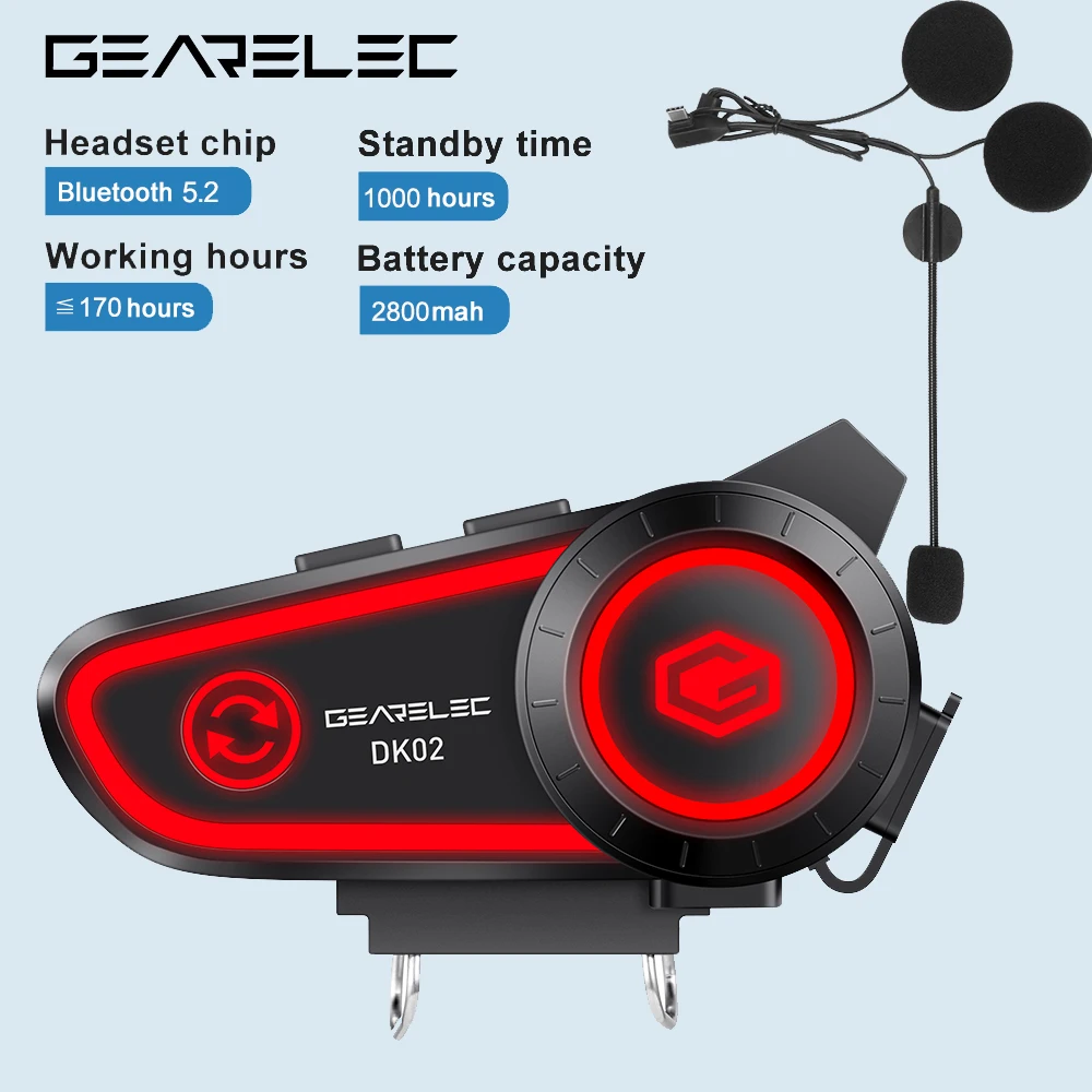 GEARELEC DK02 zestaw słuchawkowy do kasku motocyklowego stereo Bluetooth zestaw głośnomówiący IPX7 wodoodporny 2800mAh z trójkolorowym oświetleniem otoczenia