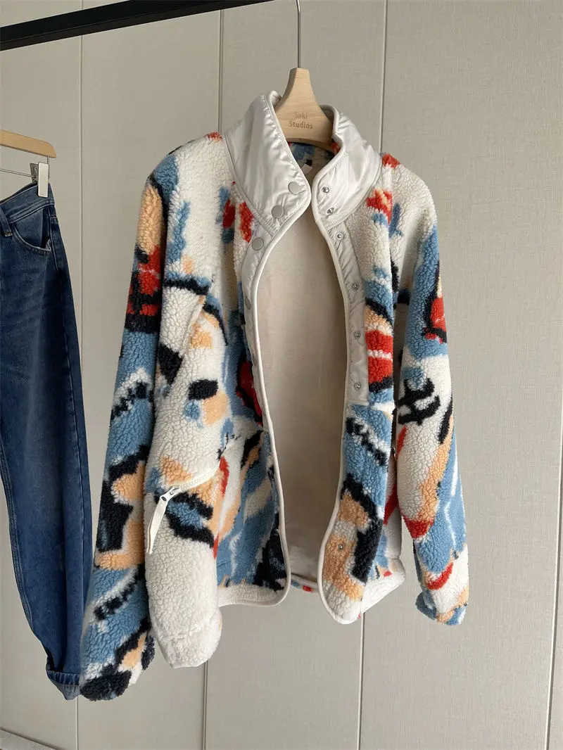 Design alters reduzierende Tarnung Jacquard verdickt warm Polar Fleece Stehkragen Strickjacke Mantel weiblich 2023 Herbst Wintermantel