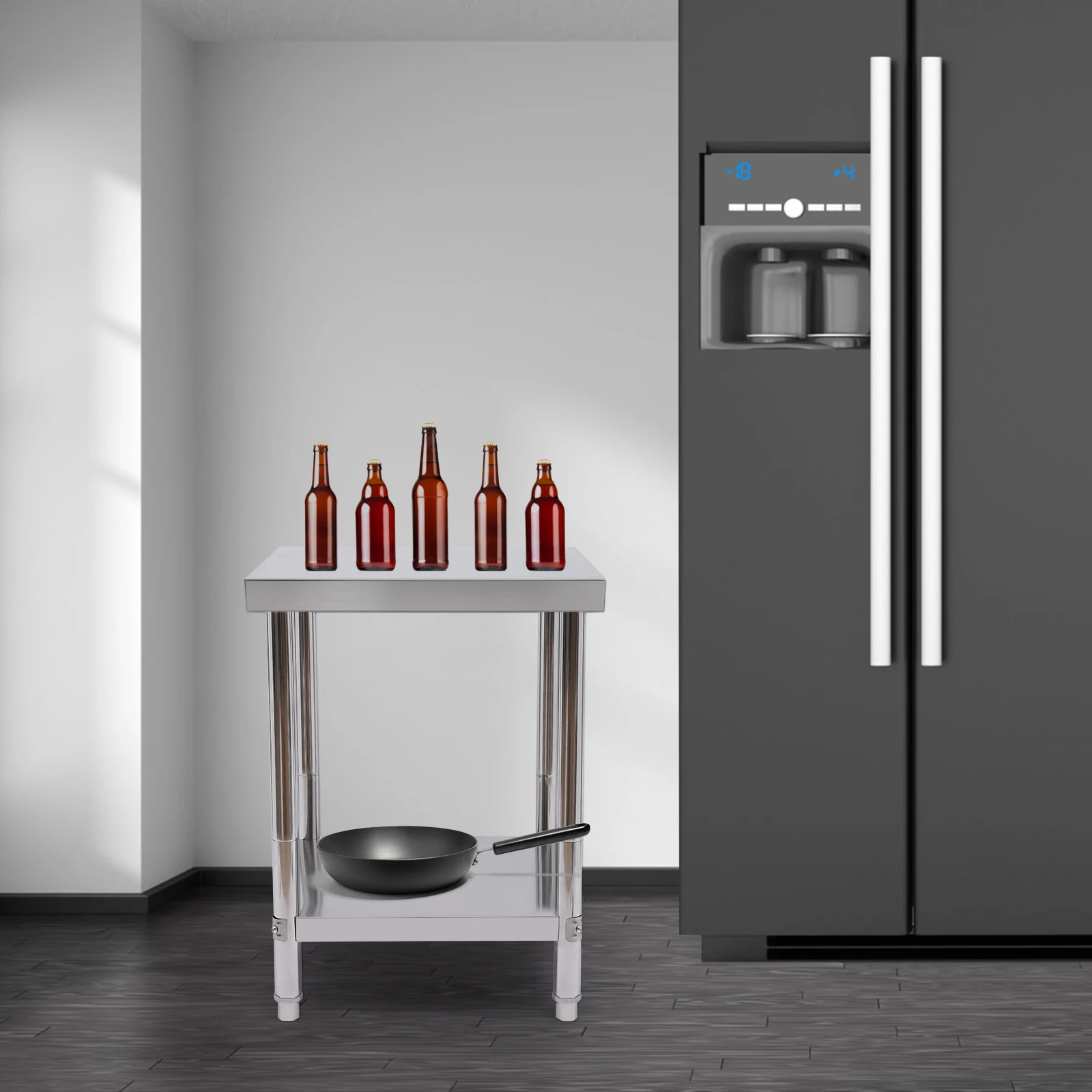 Mesa de trabalho em aço inoxidável com grande espaço de armazenamento – Design resistente, fácil de limpar e estável