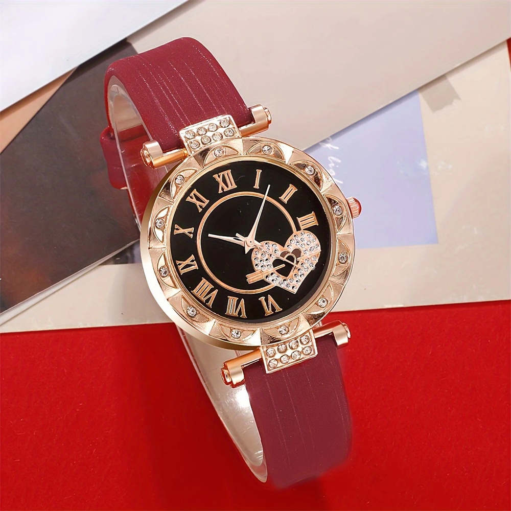 6 Teile/satz frauen Uhr Mode Roma Herz Zifferblatt Leder Band Quarz Uhren Blatt Armbänder Set (Ohne Box)