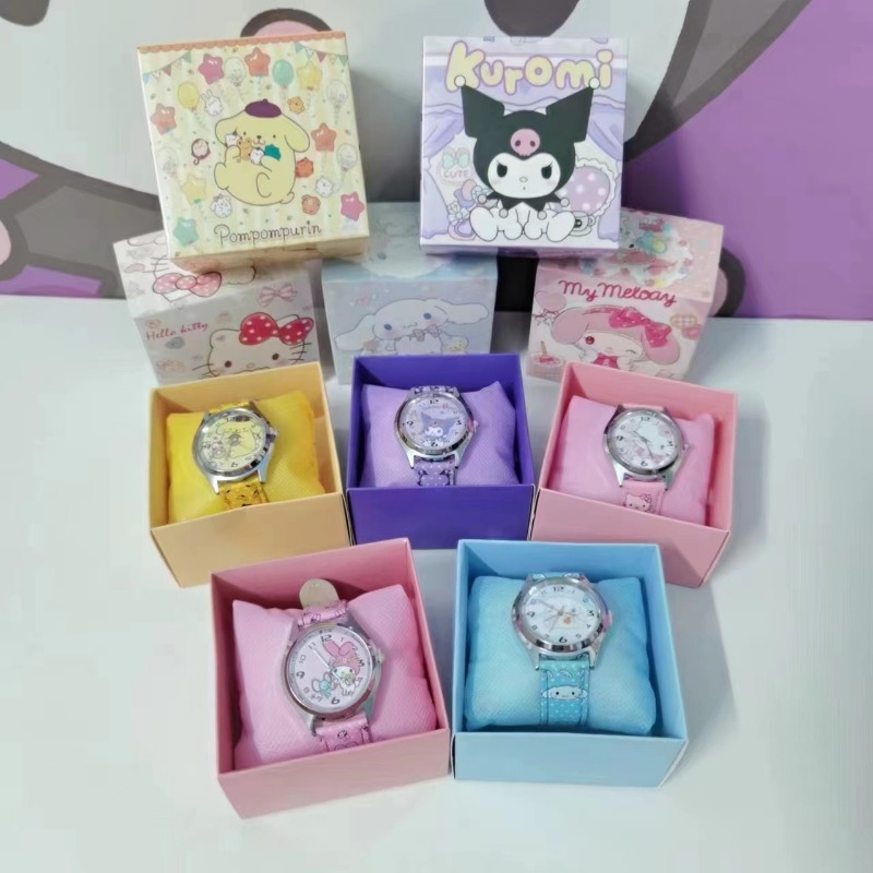 Kawaii Hello Kitty Kuromi Sanrio Pu หนังนาฬิกาดิจิตอลอบเชยม้วนอะนิเมะการ์ตูนนาฬิกาของขวัญเด็กของขวัญกล่อง