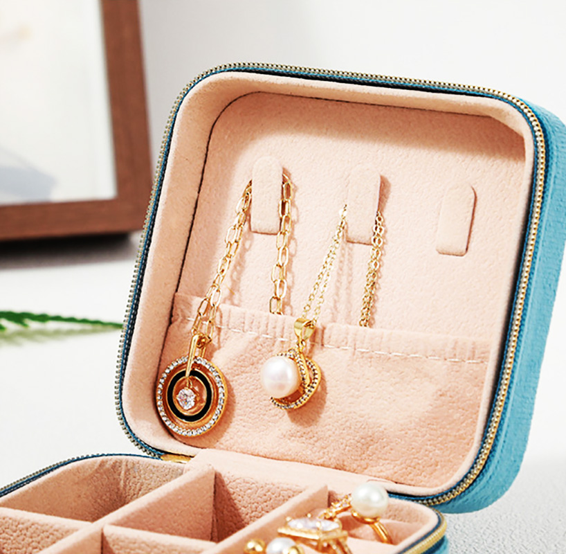 Joyero de terciopelo de felpa para mujer, organizador de collar, anillo, pendientes, soporte portátil con cremallera, estuche cuadrado de almacenamiento de joyas