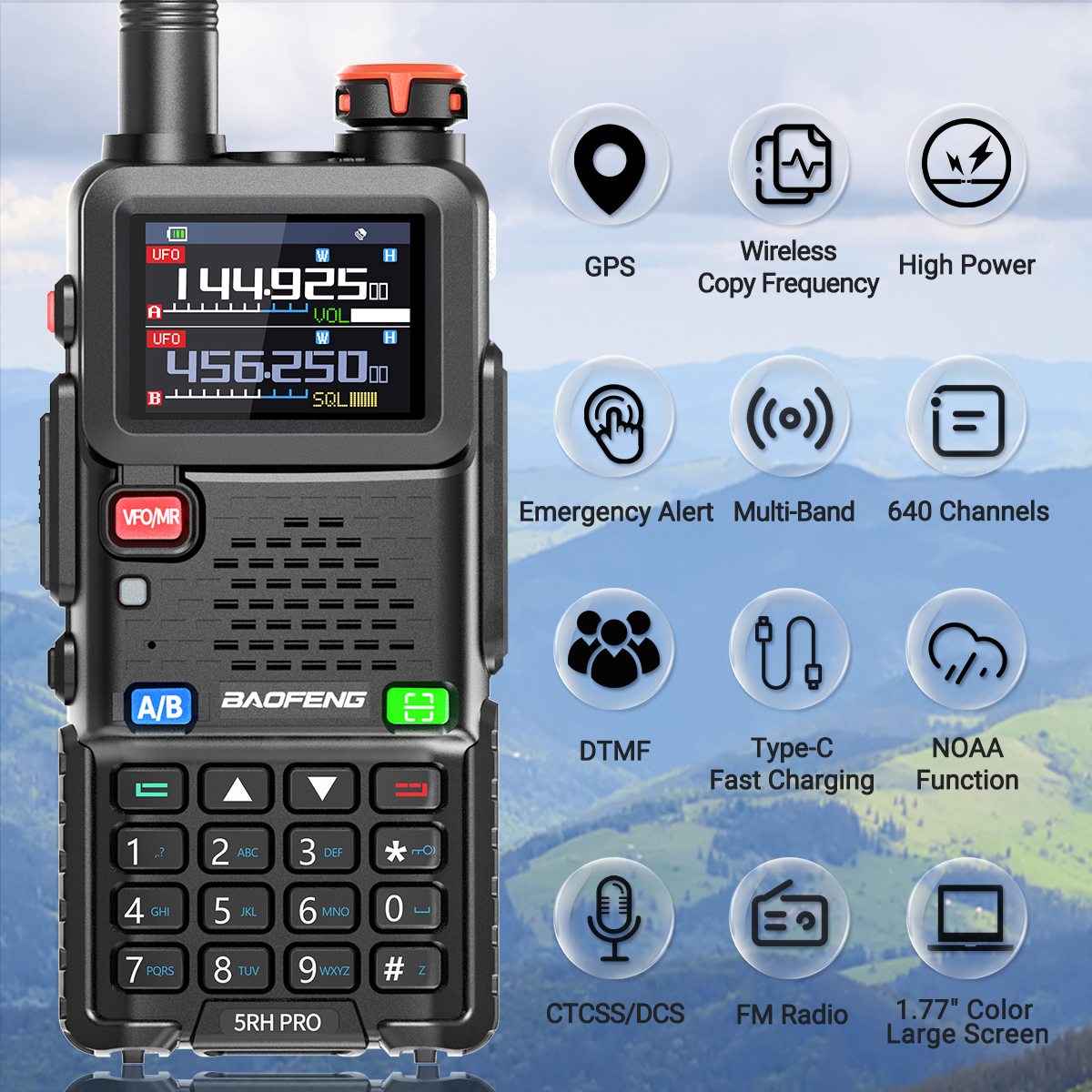 Baofeng UV-5RH PRO GPS Walkie Talkie Long Range Multi Band Wirless Copy Frequency NOAA Type-c Portable Tow Way Radio For Hunting
